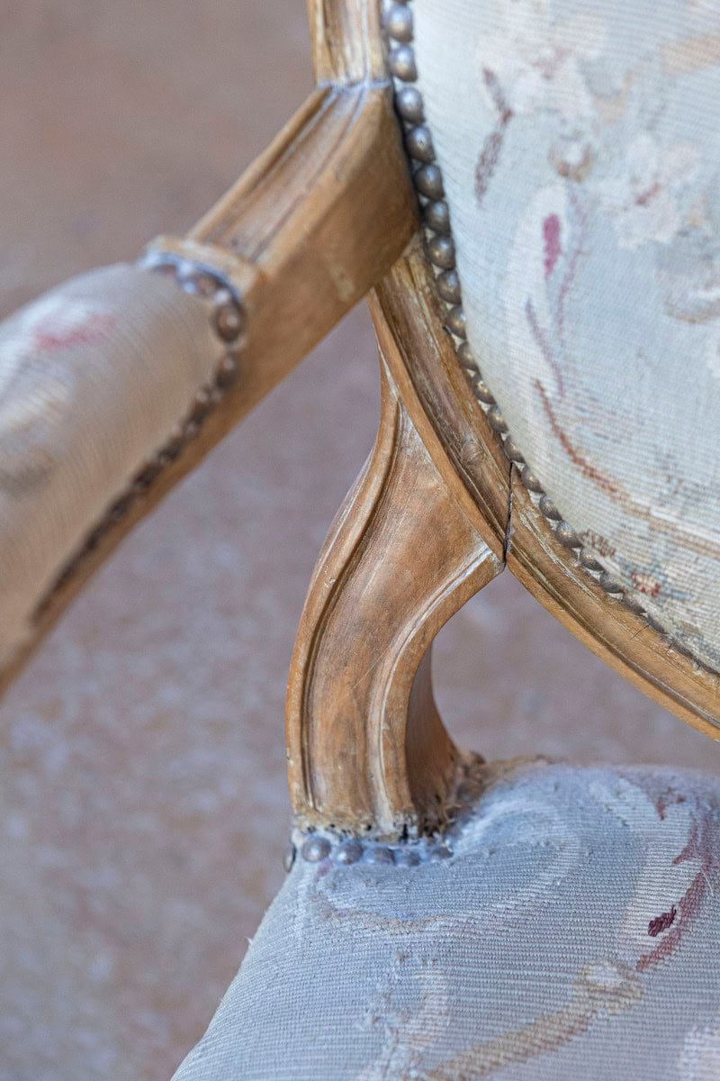 French Louis XVI Period 18th Century Armchair with Floral Tapestry Upholstery - JAA