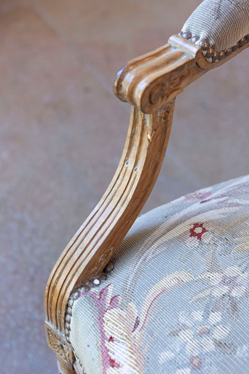 French Louis XVI Period 18th Century Armchair with Floral Tapestry Upholstery - JAA