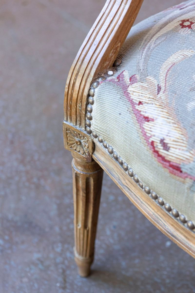 French Louis XVI Period 18th Century Armchair with Floral Tapestry Upholstery - JAA