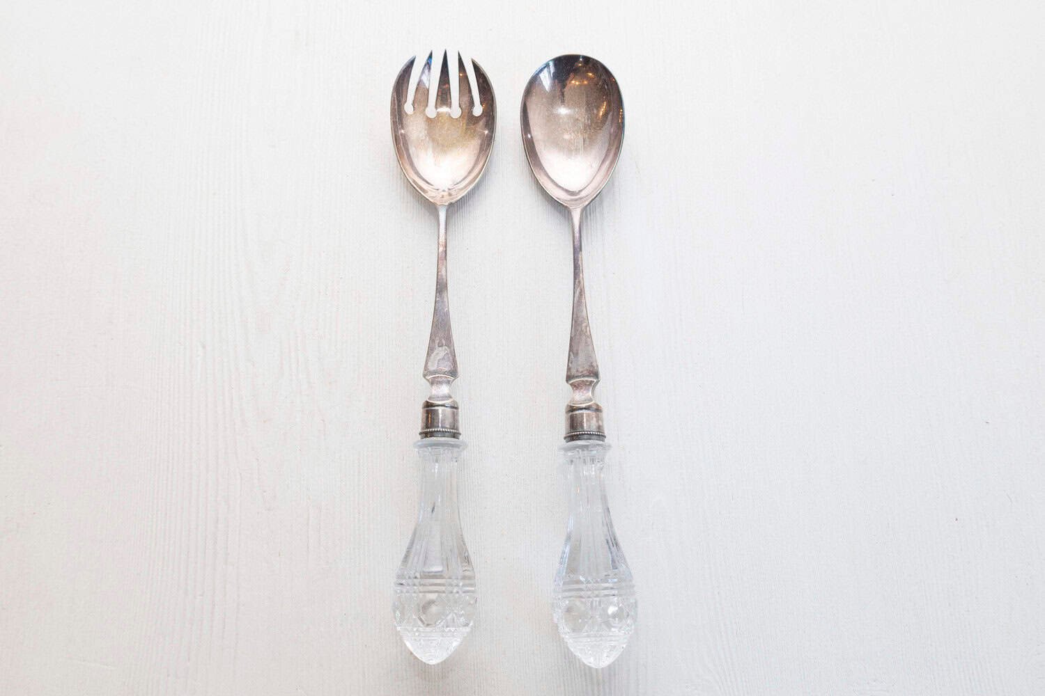 Pair of English Victorian 19th Century Silver Serving Spoons with Glass Handles - JAA