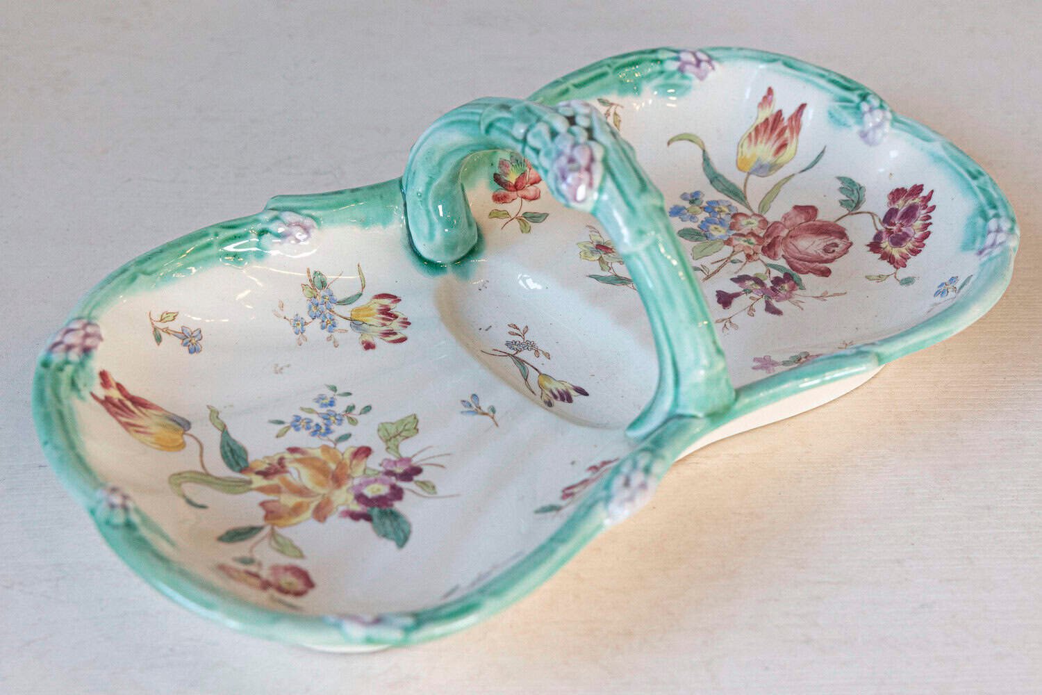 French 19th Century Longchamp Majolica Asparagus Server with Floral Decor - JAA