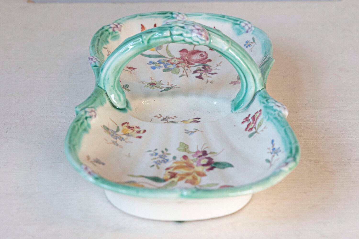 French 19th Century Longchamp Majolica Asparagus Server with Floral Decor - JAA