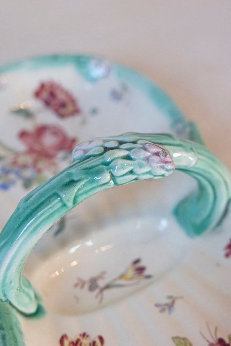 French 19th Century Longchamp Majolica Asparagus Server with Floral Decor - JAA
