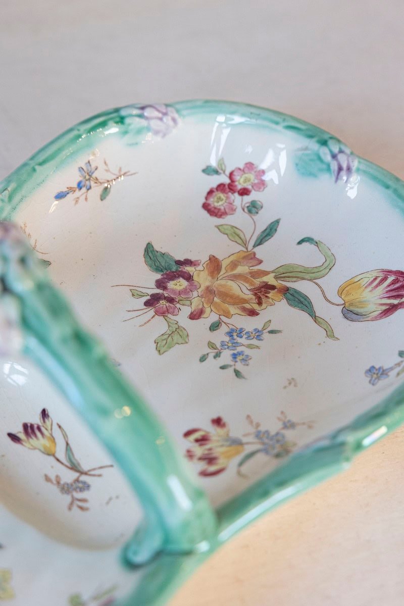 French 19th Century Longchamp Majolica Asparagus Server with Floral Decor - JAA