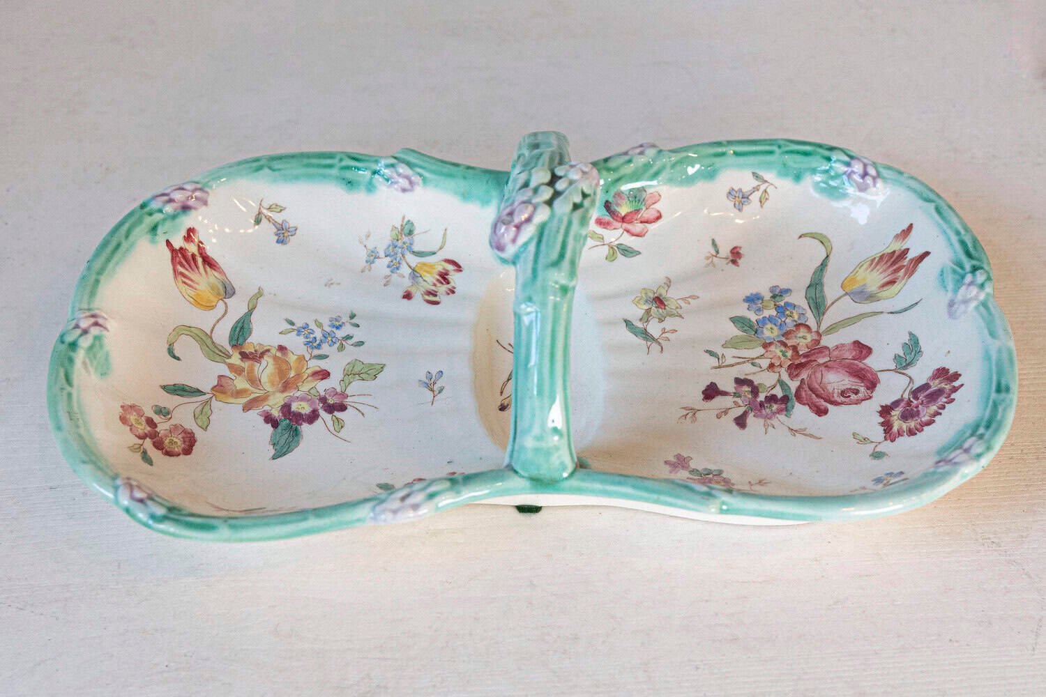 French 19th Century Longchamp Majolica Asparagus Server with Floral Decor - JAA