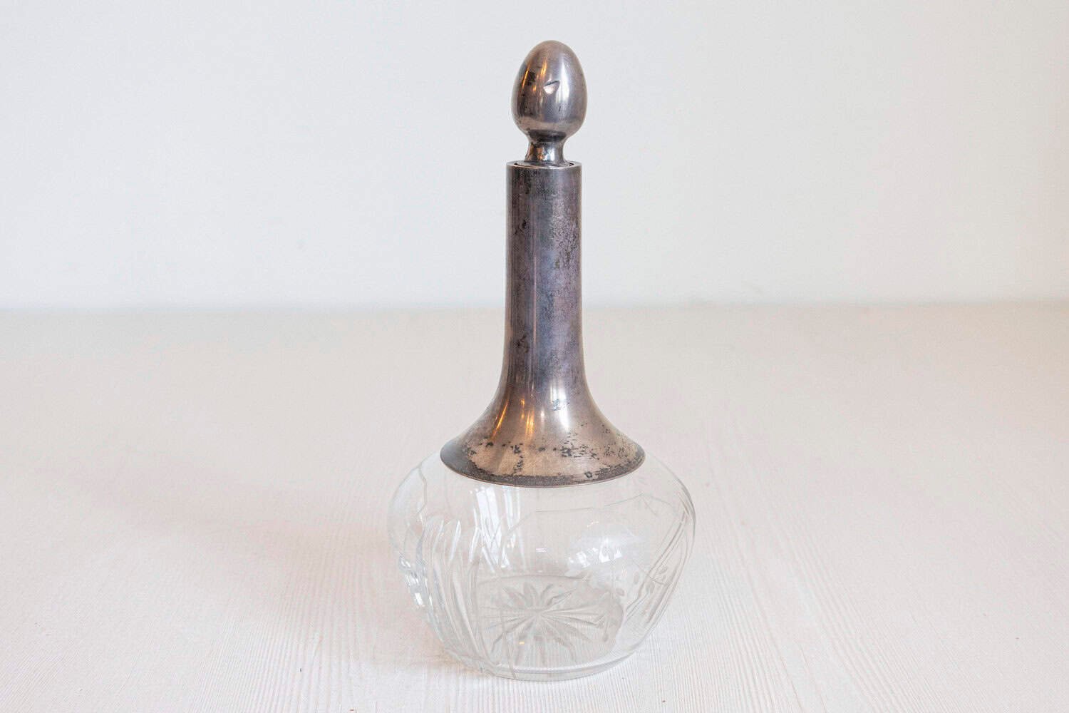 Danish 20th Century Crystal and Silver Decanter with Stopper and Foliage Engraved Body - JAA