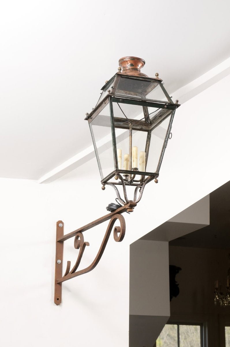 On Hold - French 1890s Iron and Copper Wall Lantern with Four Lights and Scrolling Bracket - JAA