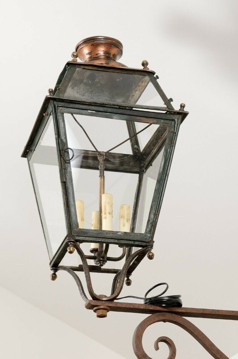 On Hold - French 1890s Iron and Copper Wall Lantern with Four Lights and Scrolling Bracket - JAA