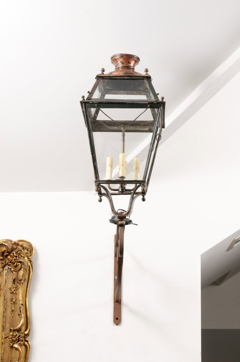 On Hold - French 1890s Iron and Copper Wall Lantern with Four Lights and Scrolling Bracket - JAA