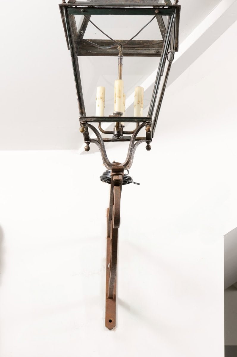 On Hold - French 1890s Iron and Copper Wall Lantern with Four Lights and Scrolling Bracket - JAA