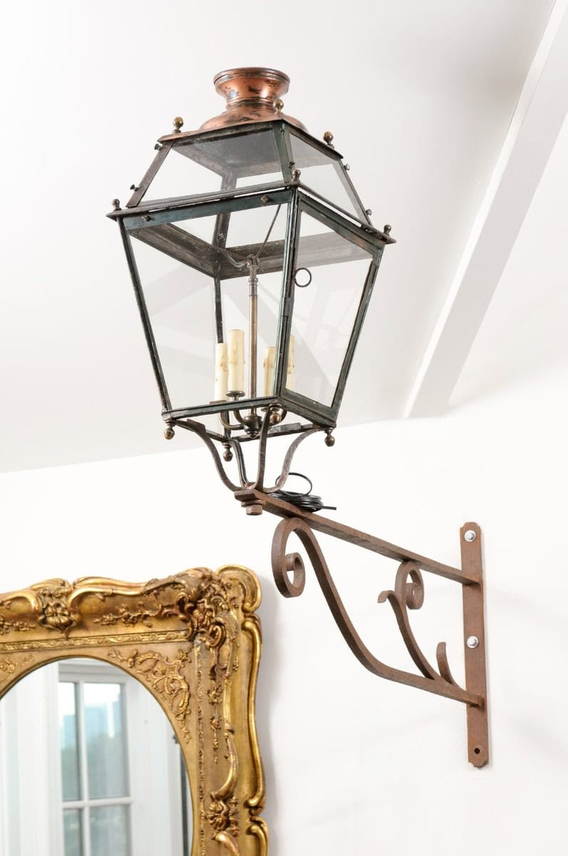 On Hold - French 1890s Iron and Copper Wall Lantern with Four Lights and Scrolling Bracket - JAA