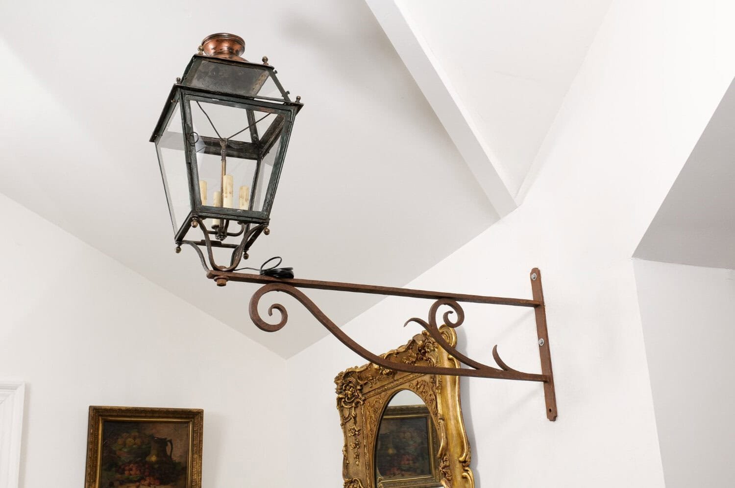 On Hold - French 1890s Iron and Copper Wall Lantern with Four Lights and Scrolling Bracket - JAA