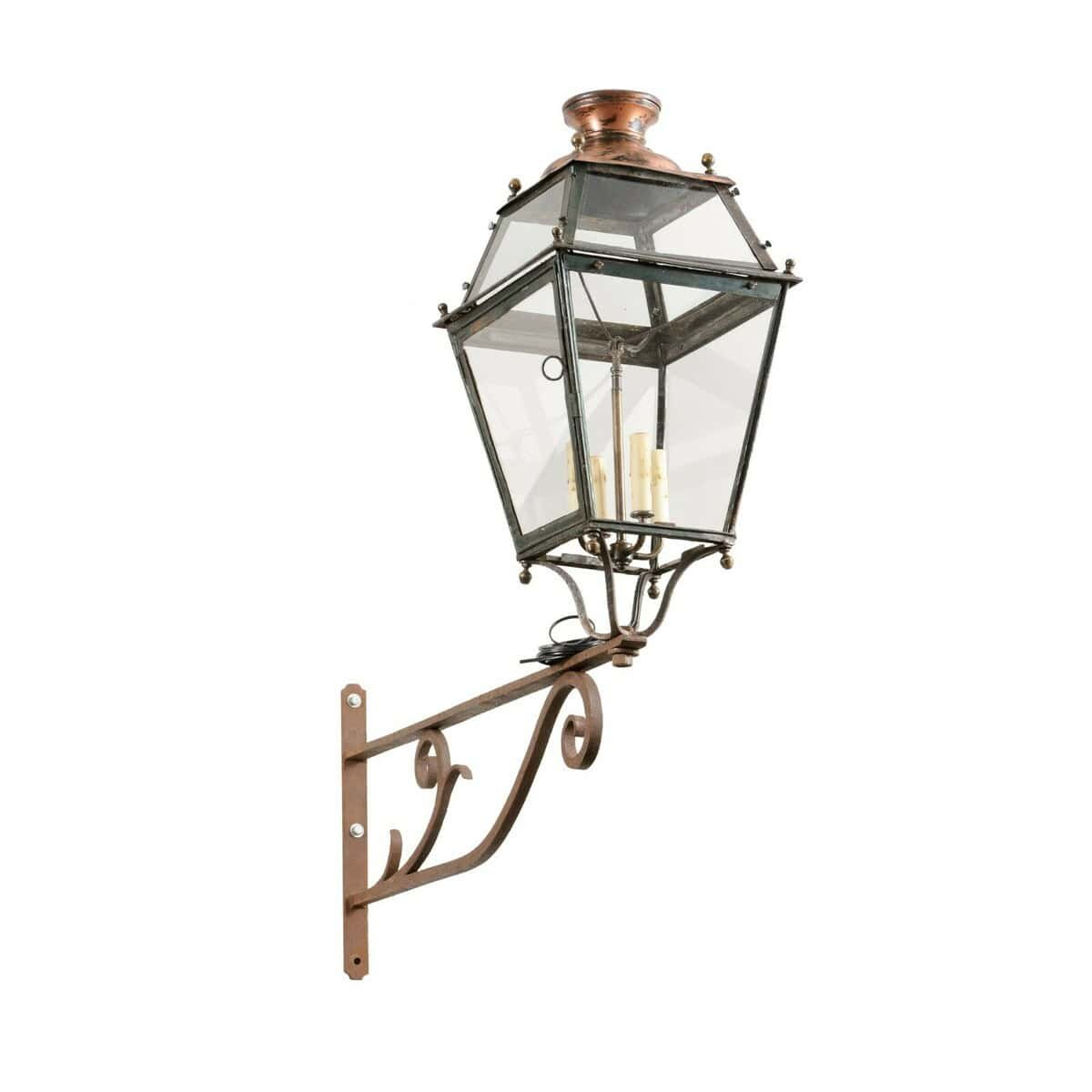 On Hold - French 1890s Iron and Copper Wall Lantern with Four Lights and Scrolling Bracket - JAA