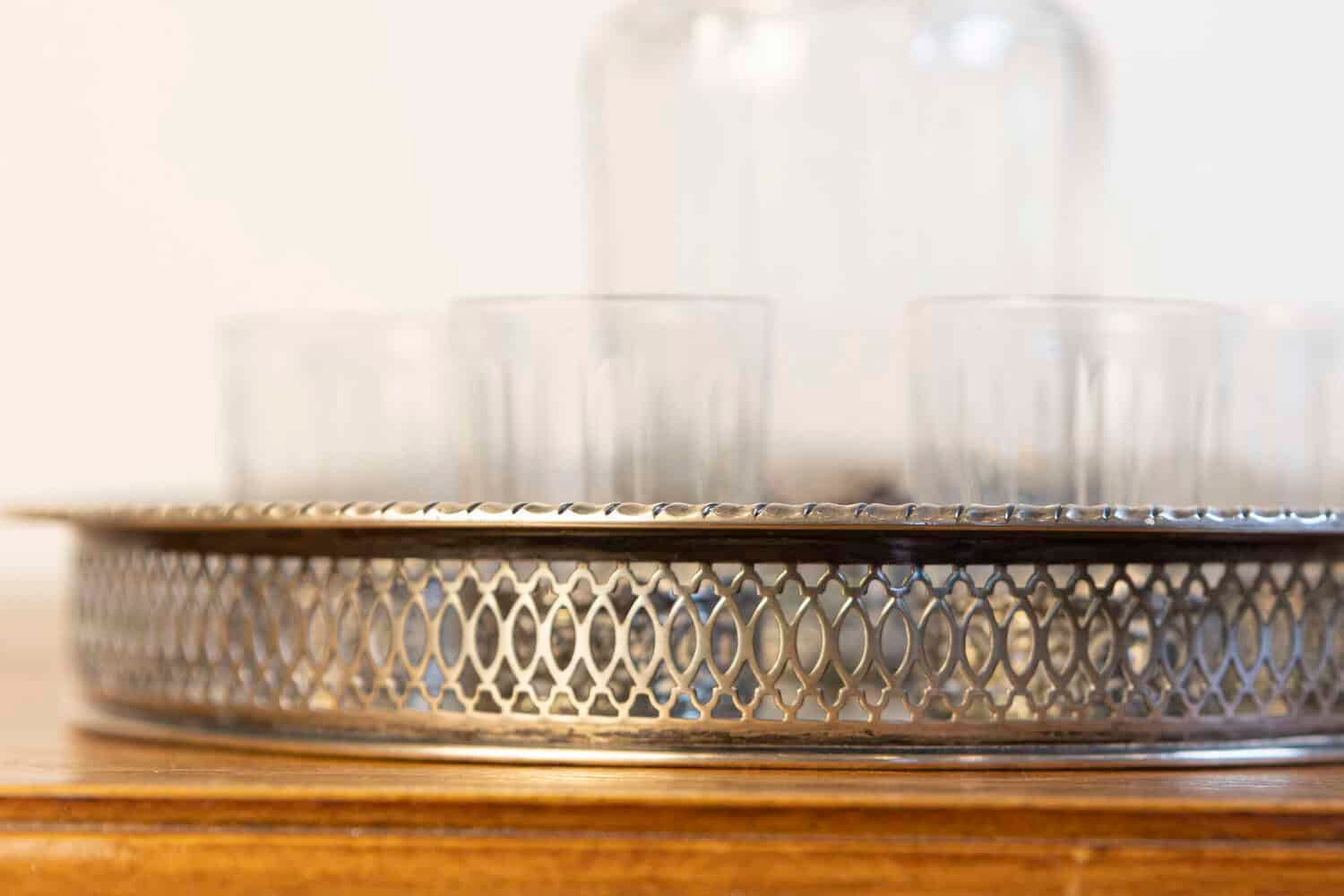 English 19th Century Silver and Crystal Decanter Set with Glasses and Platter - JAA