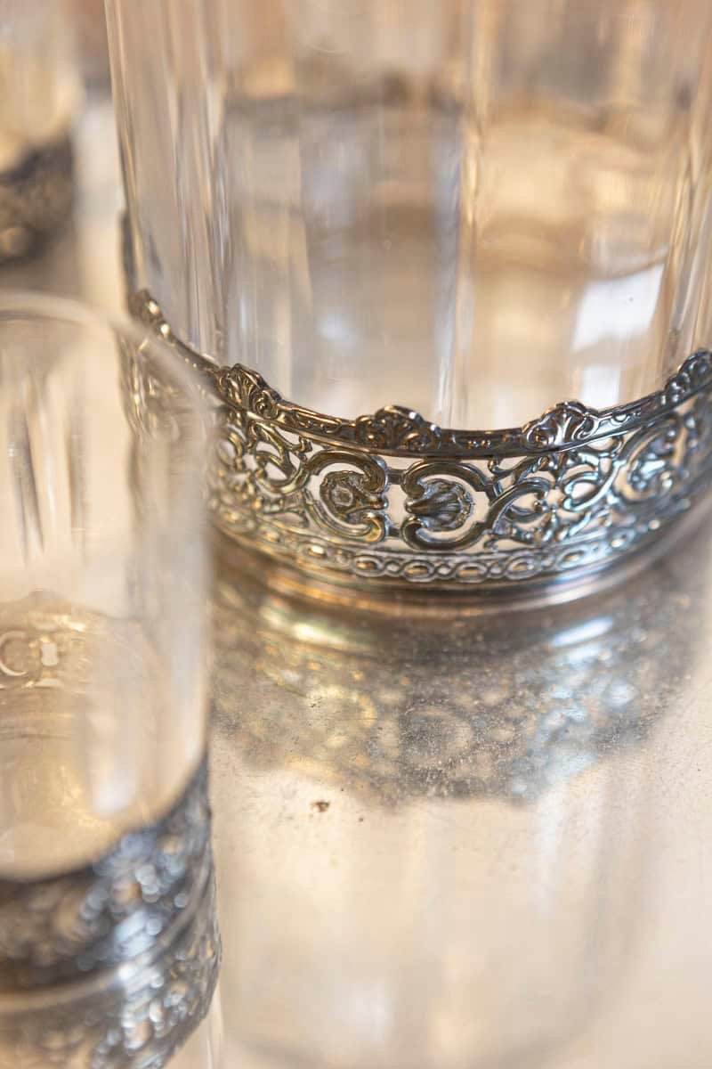 English 19th Century Silver and Crystal Decanter Set with Glasses and Platter - JAA
