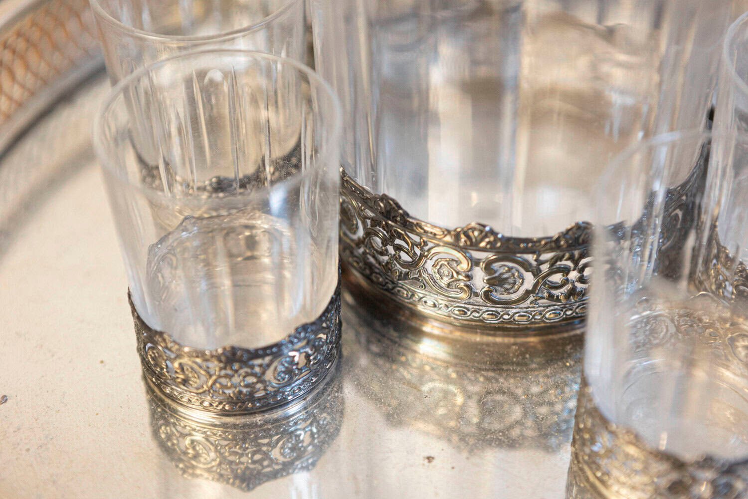 English 19th Century Silver and Crystal Decanter Set with Glasses and Platter - JAA