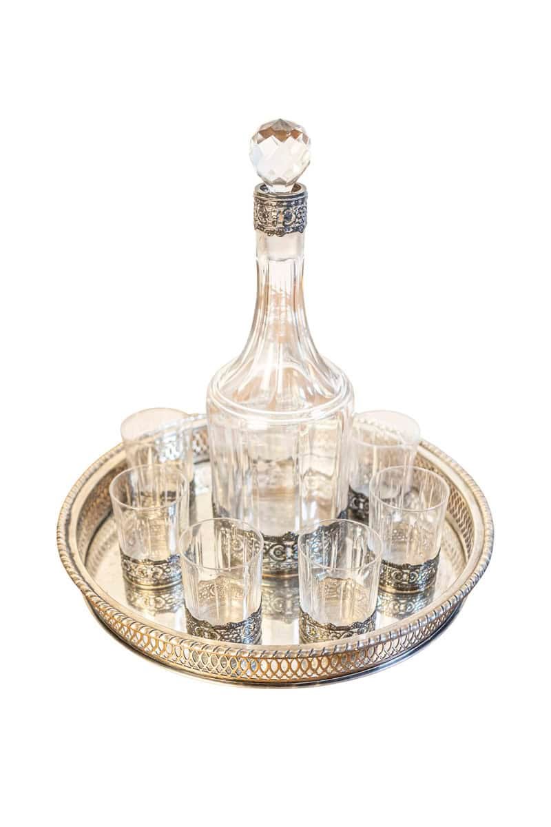 English 19th Century Silver and Crystal Decanter Set with Glasses and Platter - JAA