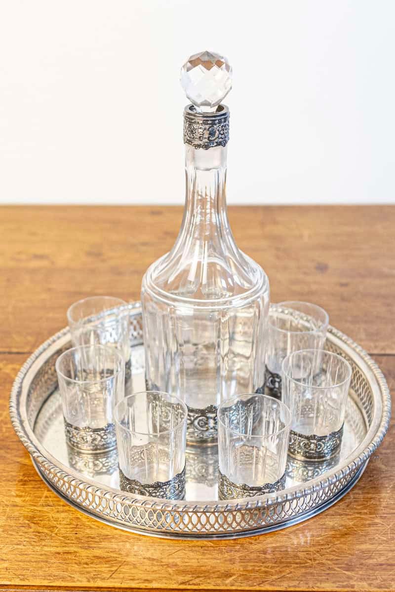 English 19th Century Silver and Crystal Decanter Set with Glasses and Platter - JAA