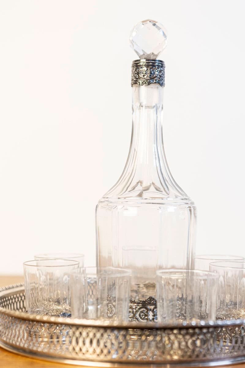 English 19th Century Silver and Crystal Decanter Set with Glasses and Platter - JAA