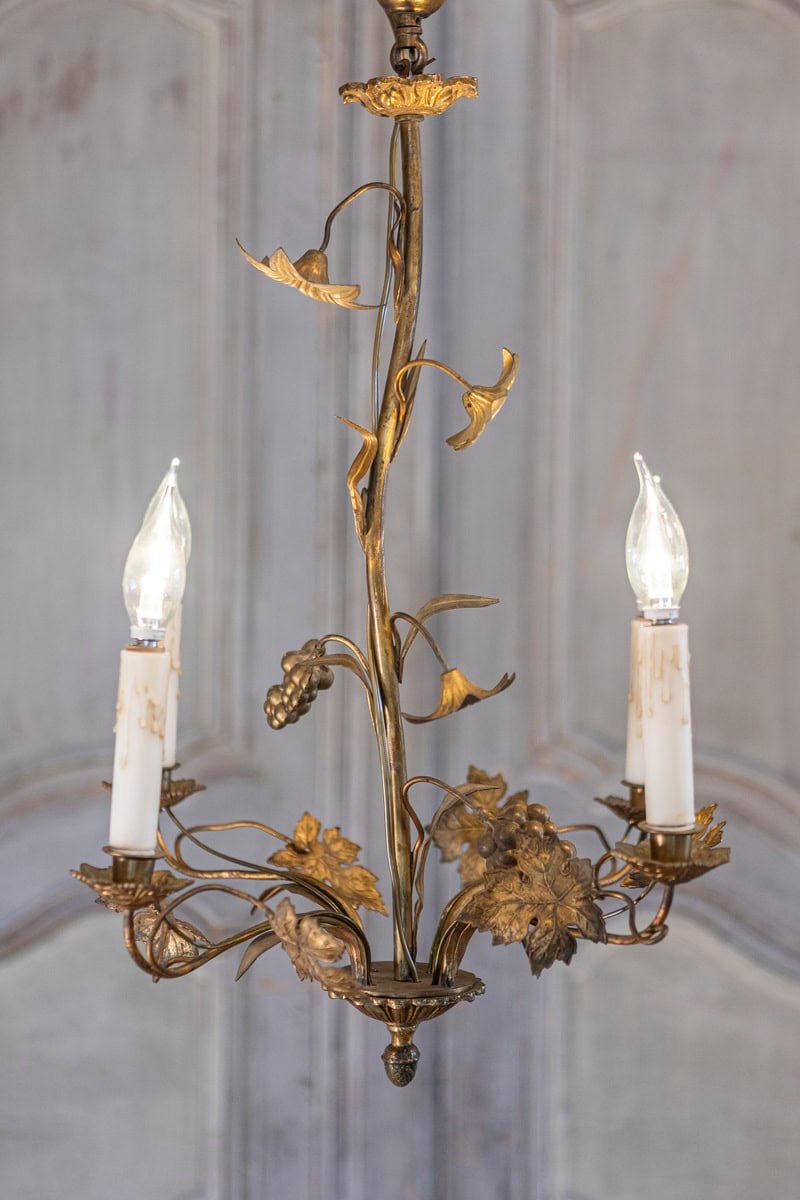French Maison Charles Inspired Gilt Metal Four-Light Chandelier with Flowers - JAA