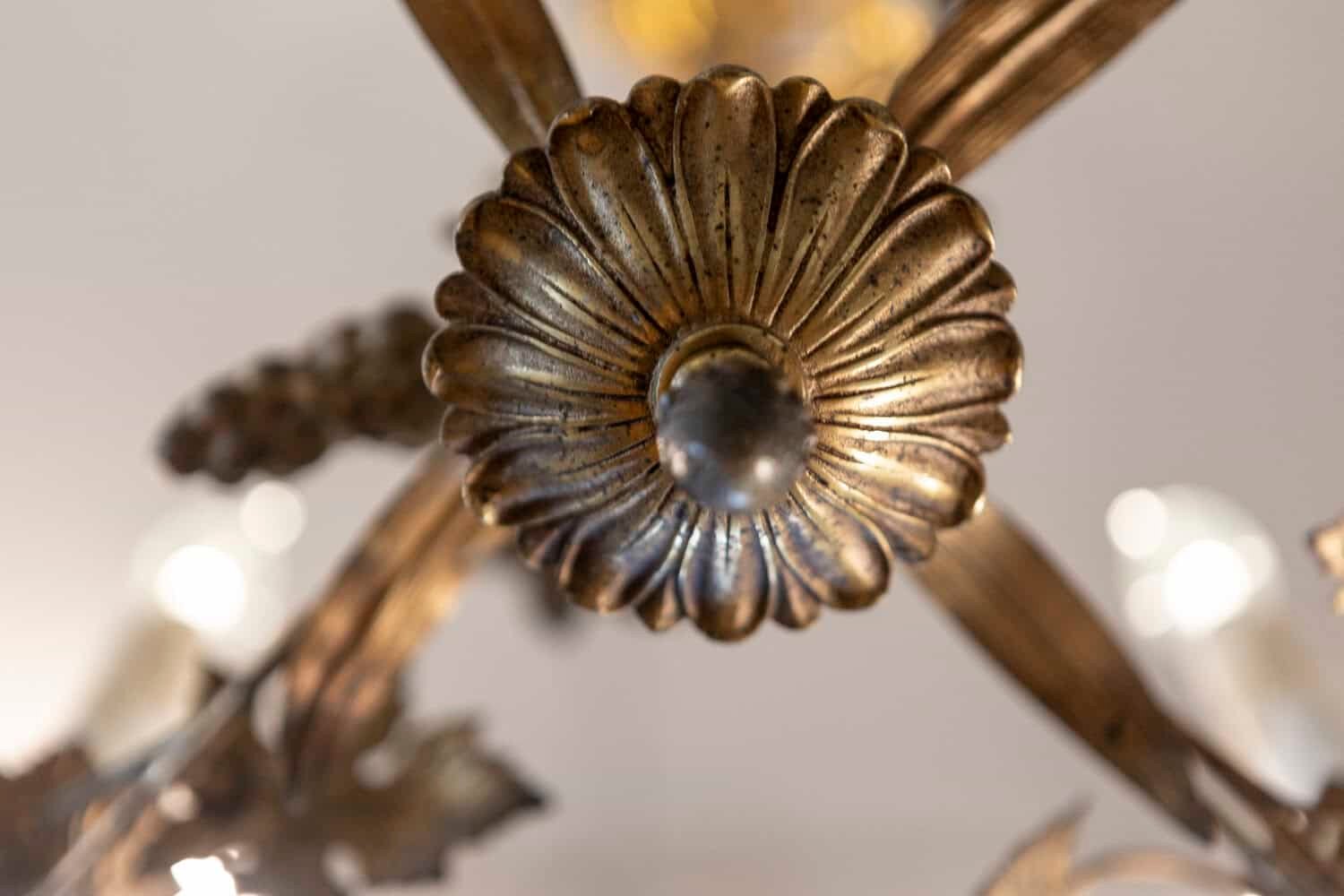 French Maison Charles Inspired Gilt Metal Four-Light Chandelier with Flowers - JAA