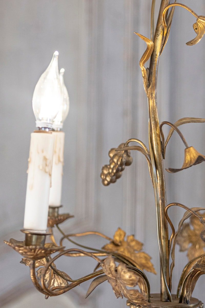 French Maison Charles Inspired Gilt Metal Four-Light Chandelier with Flowers - JAA