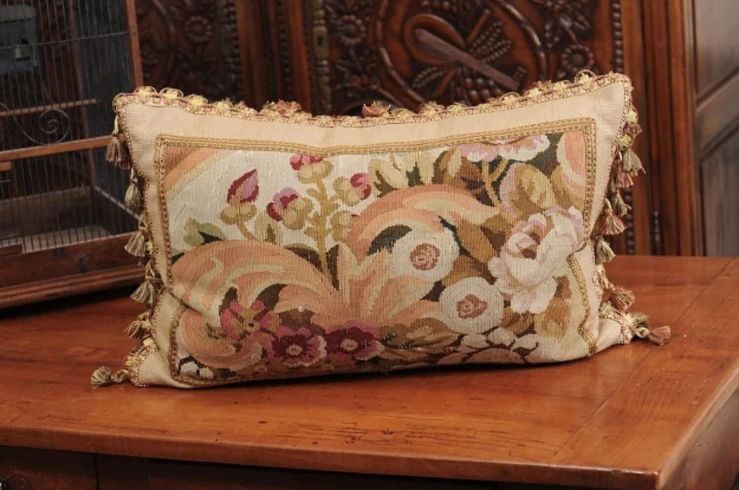 Pillow Made from a 19th Century French Tapestry with Floral Décor and Tassels - JAA
