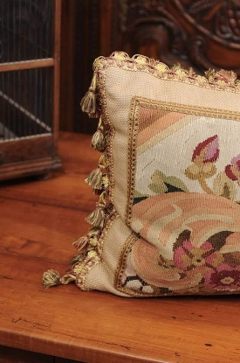 Pillow Made from a 19th Century French Tapestry with Floral Décor and Tassels - JAA