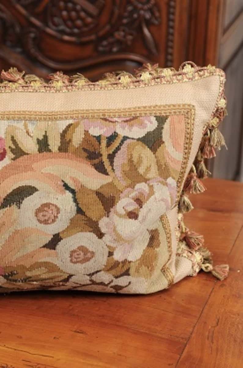 Pillow Made from a 19th Century French Tapestry with Floral Décor and Tassels - JAA