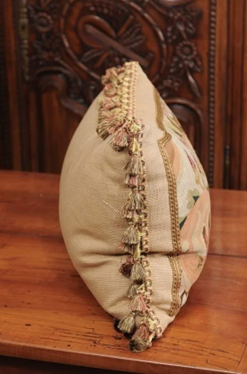 Pillow Made from a 19th Century French Tapestry with Floral Décor and Tassels - JAA