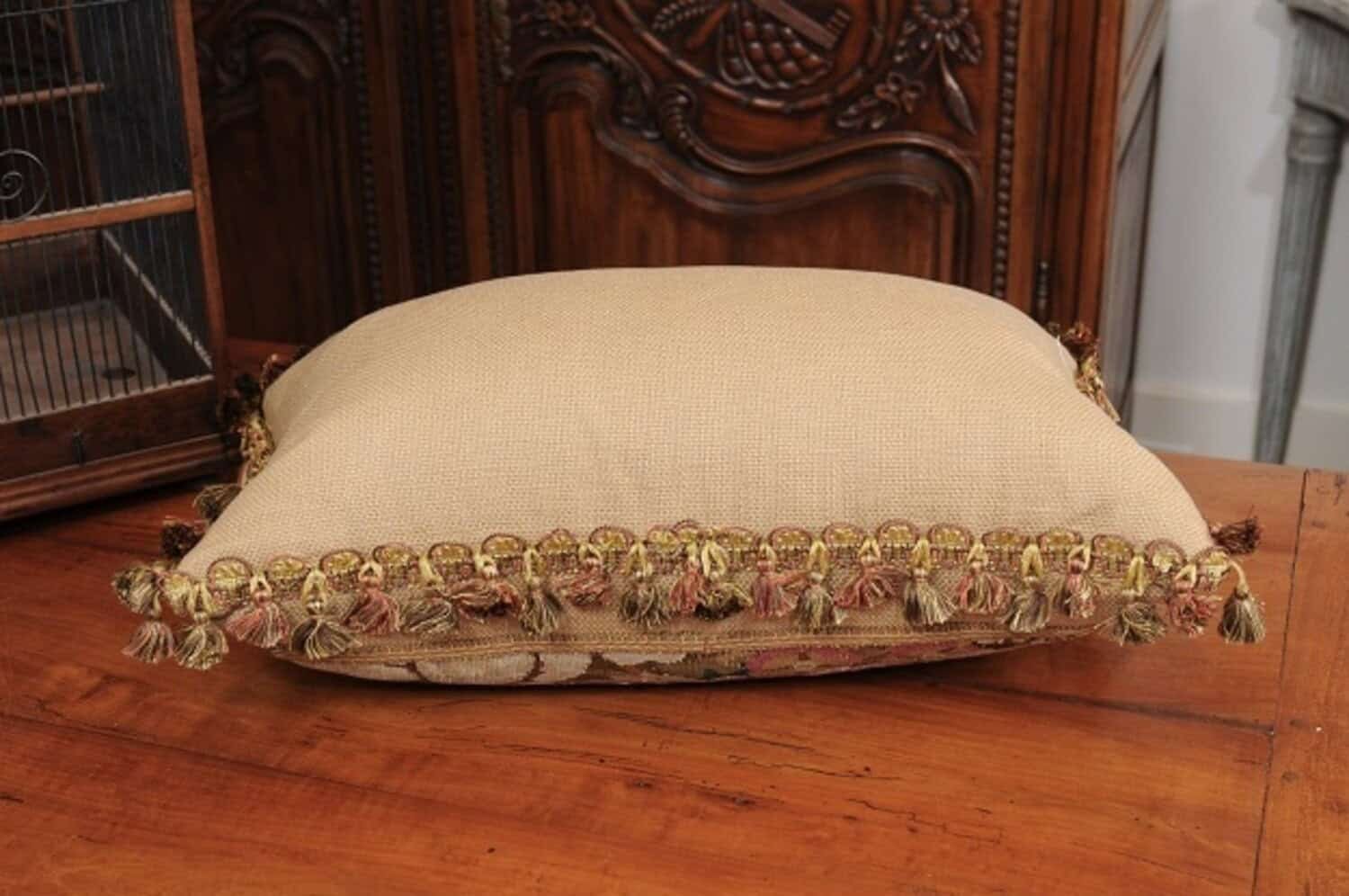 Pillow Made from a 19th Century French Tapestry with Floral Décor and Tassels - JAA