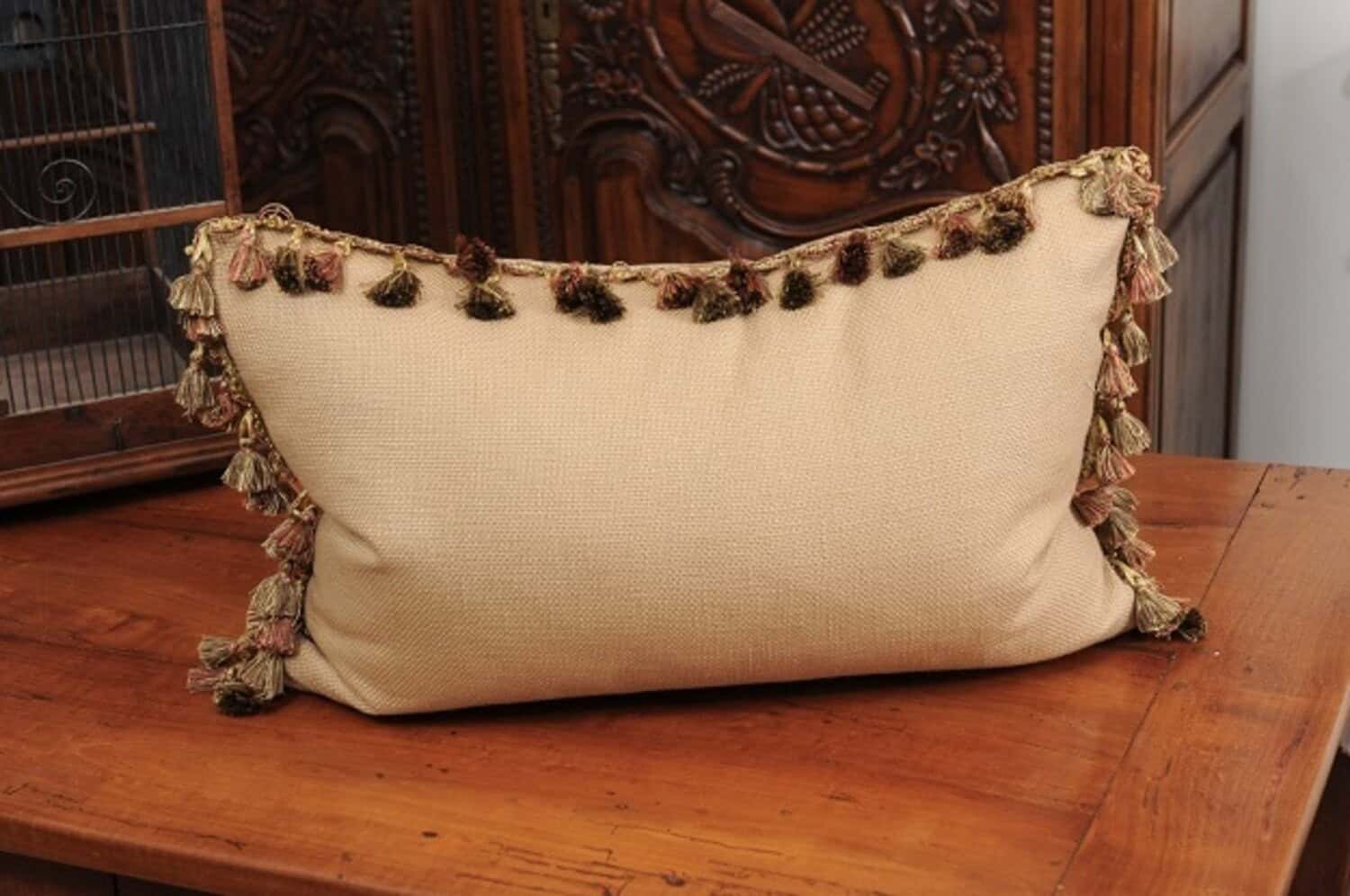 Pillow Made from a 19th Century French Tapestry with Floral Décor and Tassels - JAA