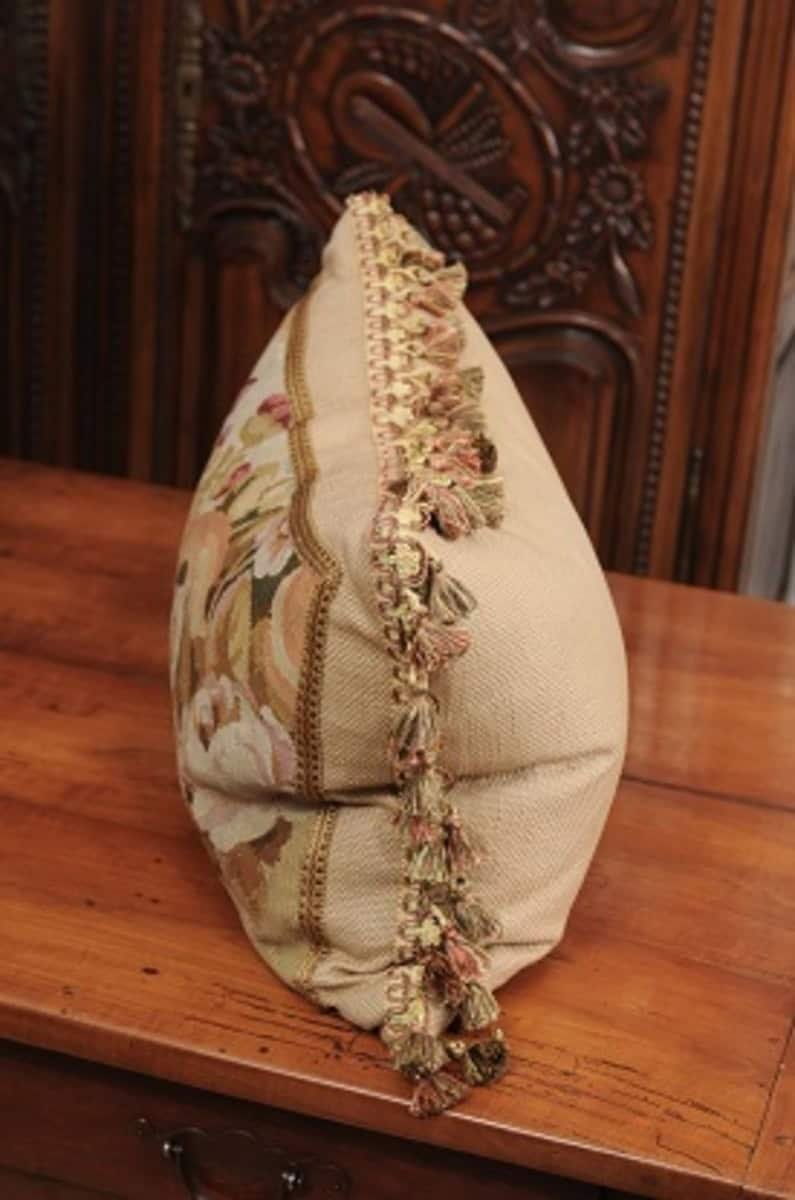 Pillow Made from a 19th Century French Tapestry with Floral Décor and Tassels - JAA