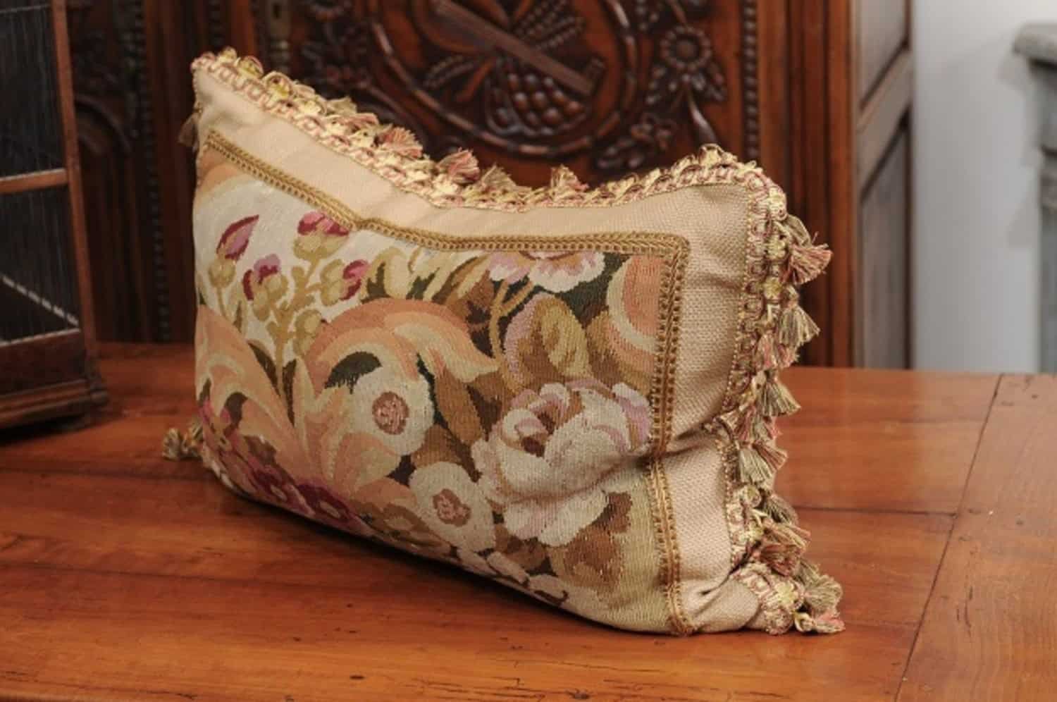 Pillow Made from a 19th Century French Tapestry with Floral Décor and Tassels - JAA