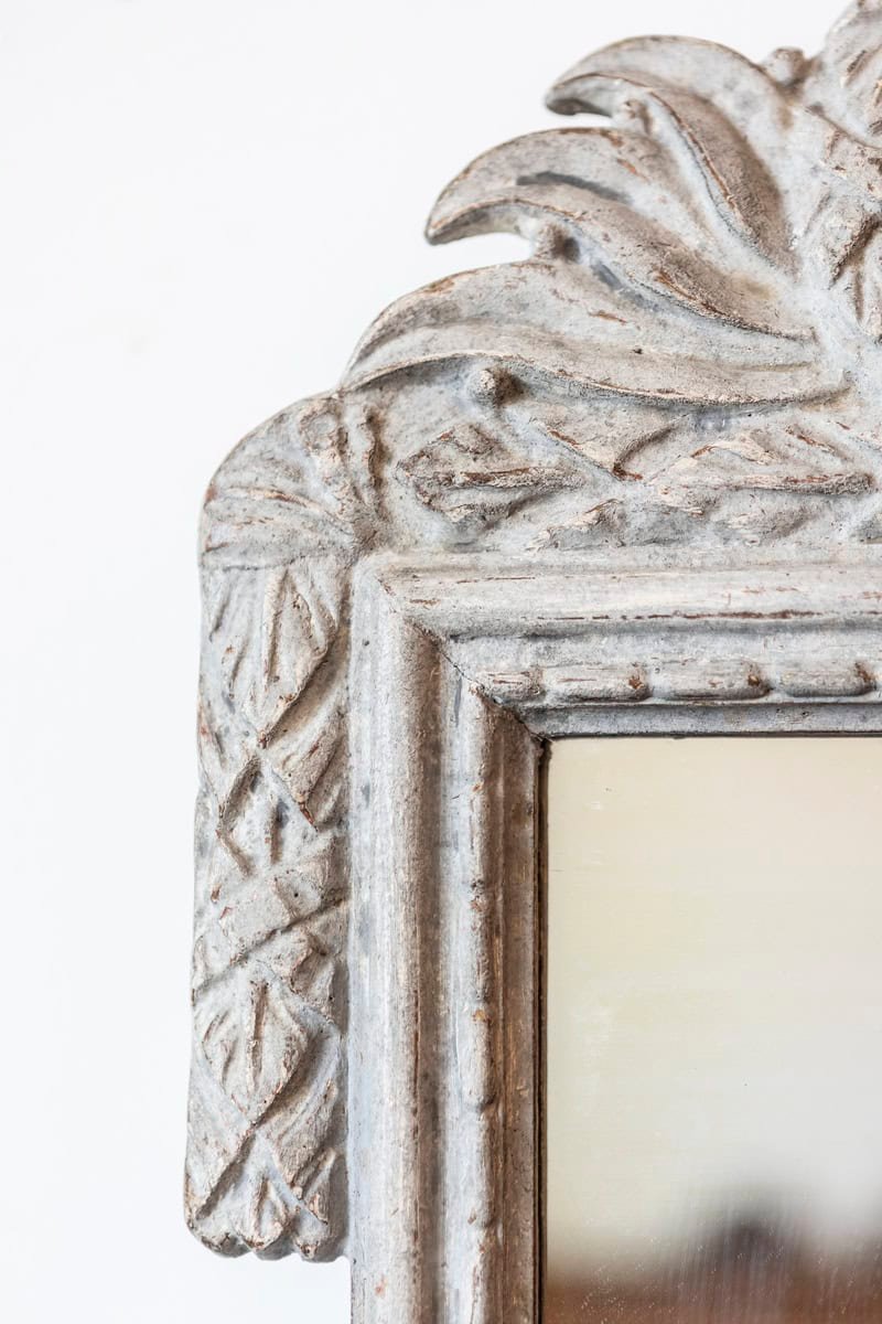Danish 1800s Gustavian Gray Painted Wood Mirror with Medallion Carved Crest - JAA