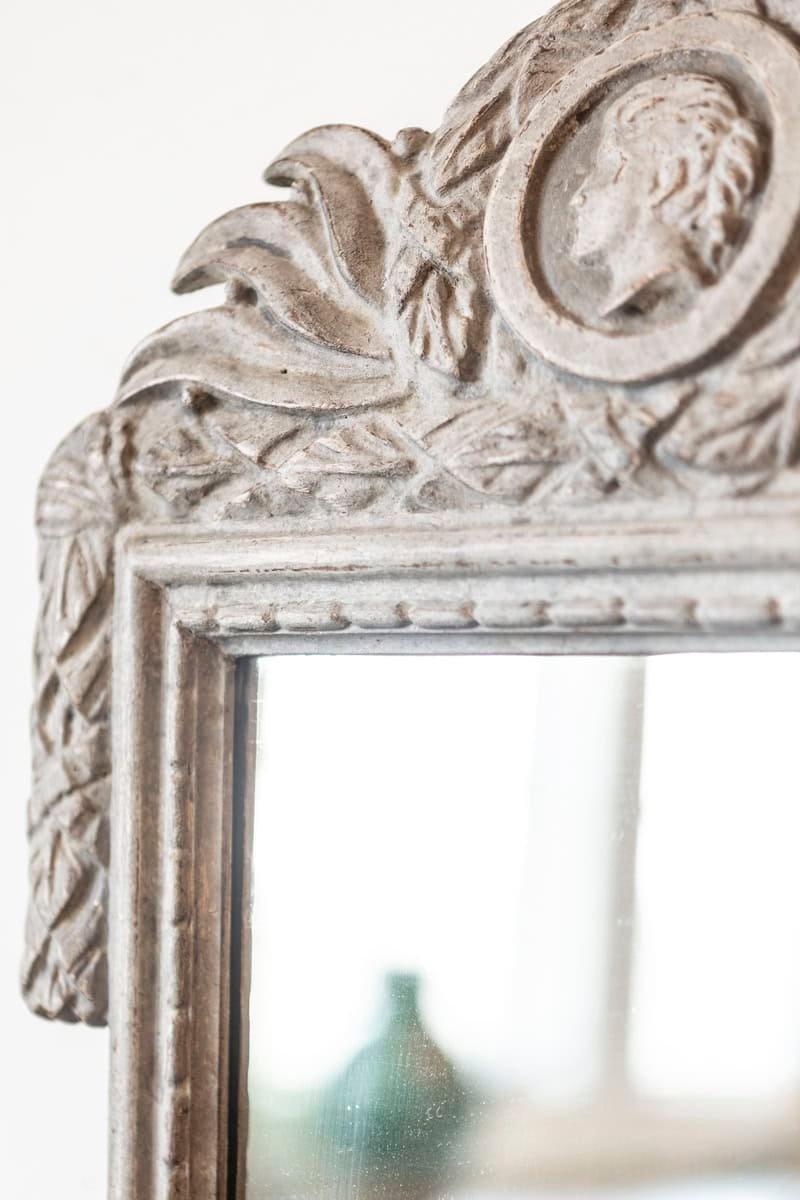 Danish 1800s Gustavian Gray Painted Wood Mirror with Medallion Carved Crest - JAA