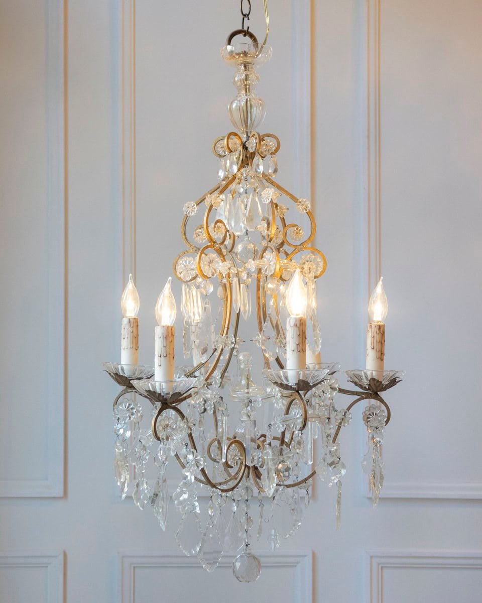 Italian Rococo Style 1890s Six-Light Crystal Chandelier with Gilt Metal Armature - JAA