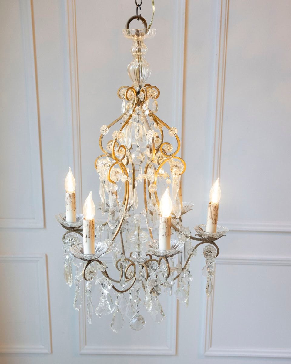 Italian Rococo Style 1890s Six-Light Crystal Chandelier with Gilt Metal Armature - JAA