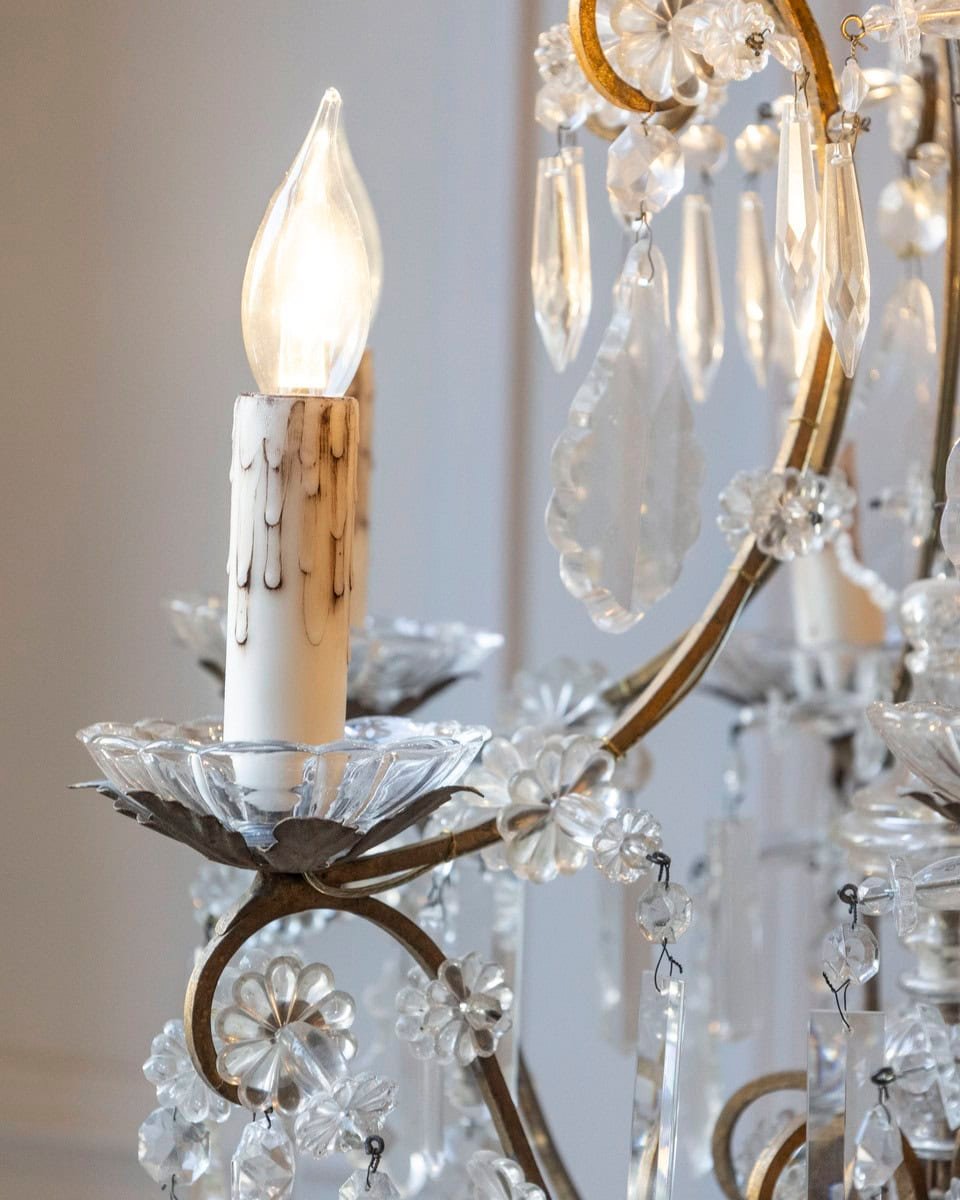 Italian Rococo Style 1890s Six-Light Crystal Chandelier with Gilt Metal Armature - JAA