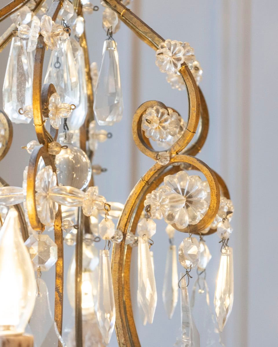 Italian Rococo Style 1890s Six-Light Crystal Chandelier with Gilt Metal Armature - JAA