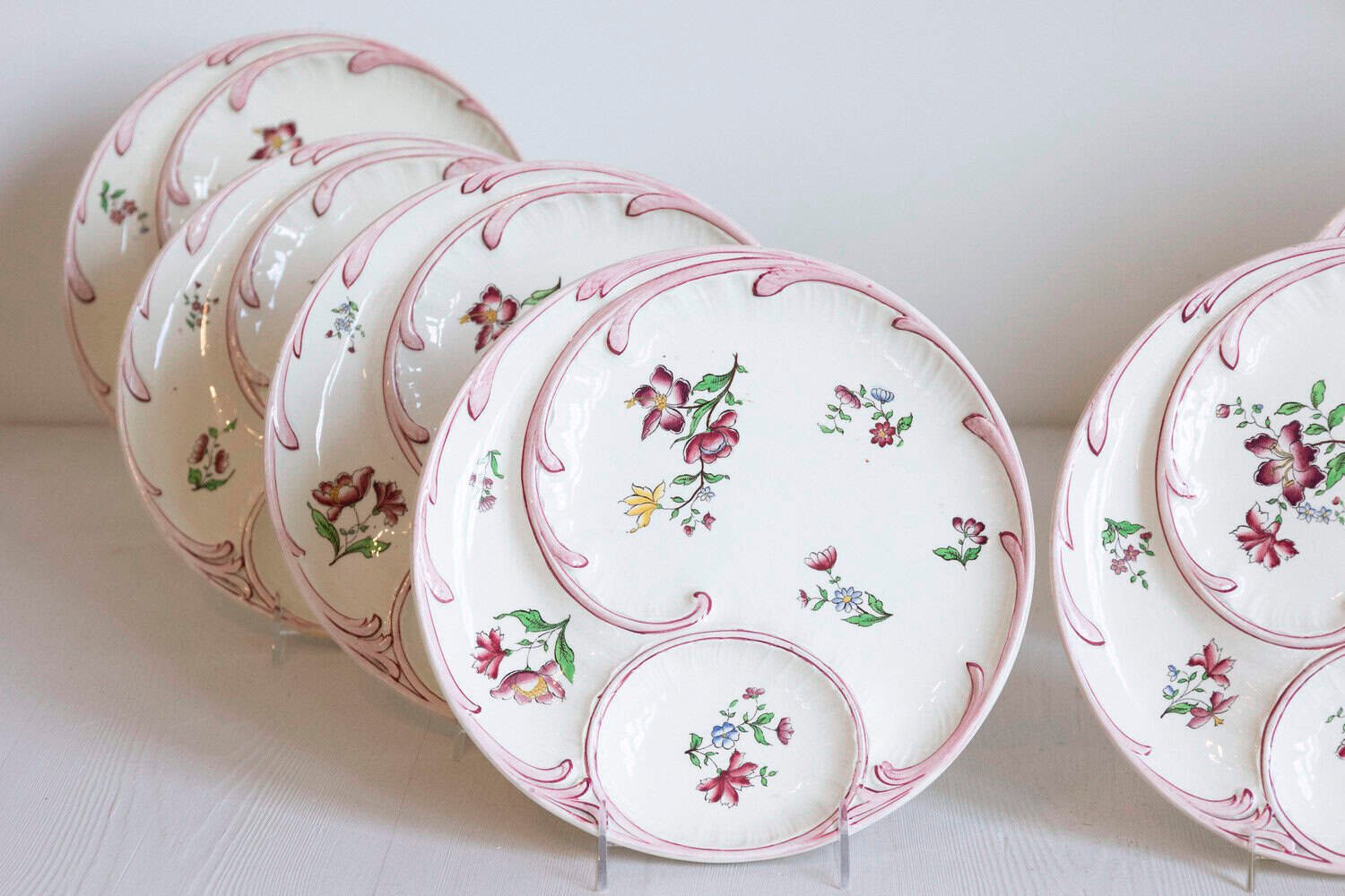 French 19th Century Sarreguemines Majolica Asparagus Plates with Pink Flowers - JAA