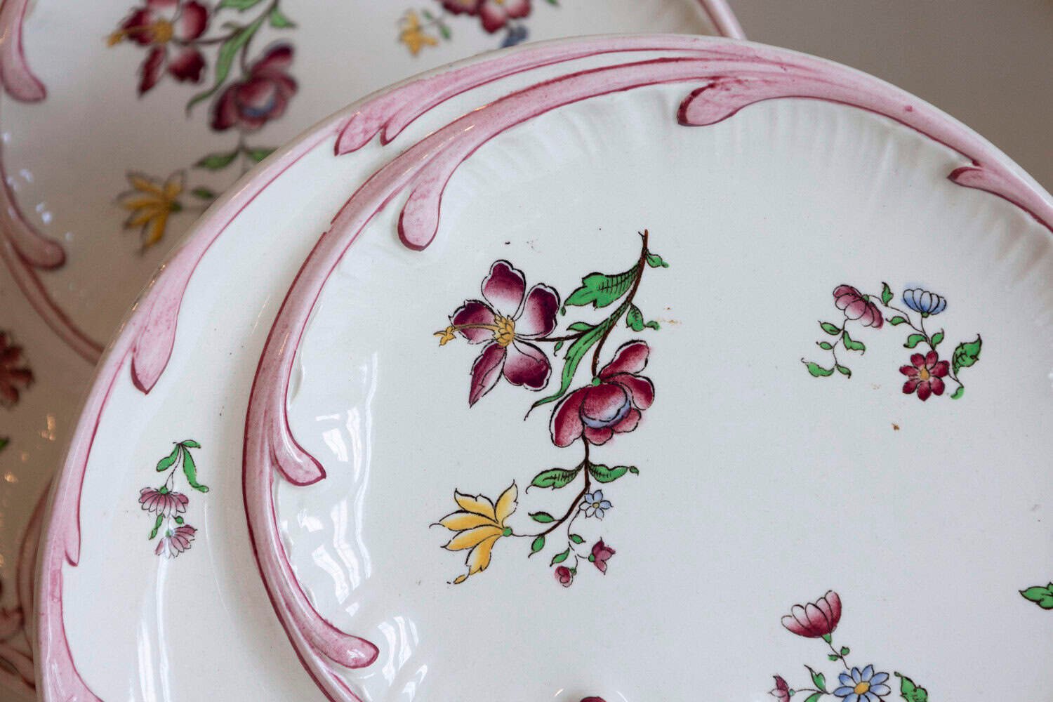 French 19th Century Sarreguemines Majolica Asparagus Plates with Pink Flowers - JAA