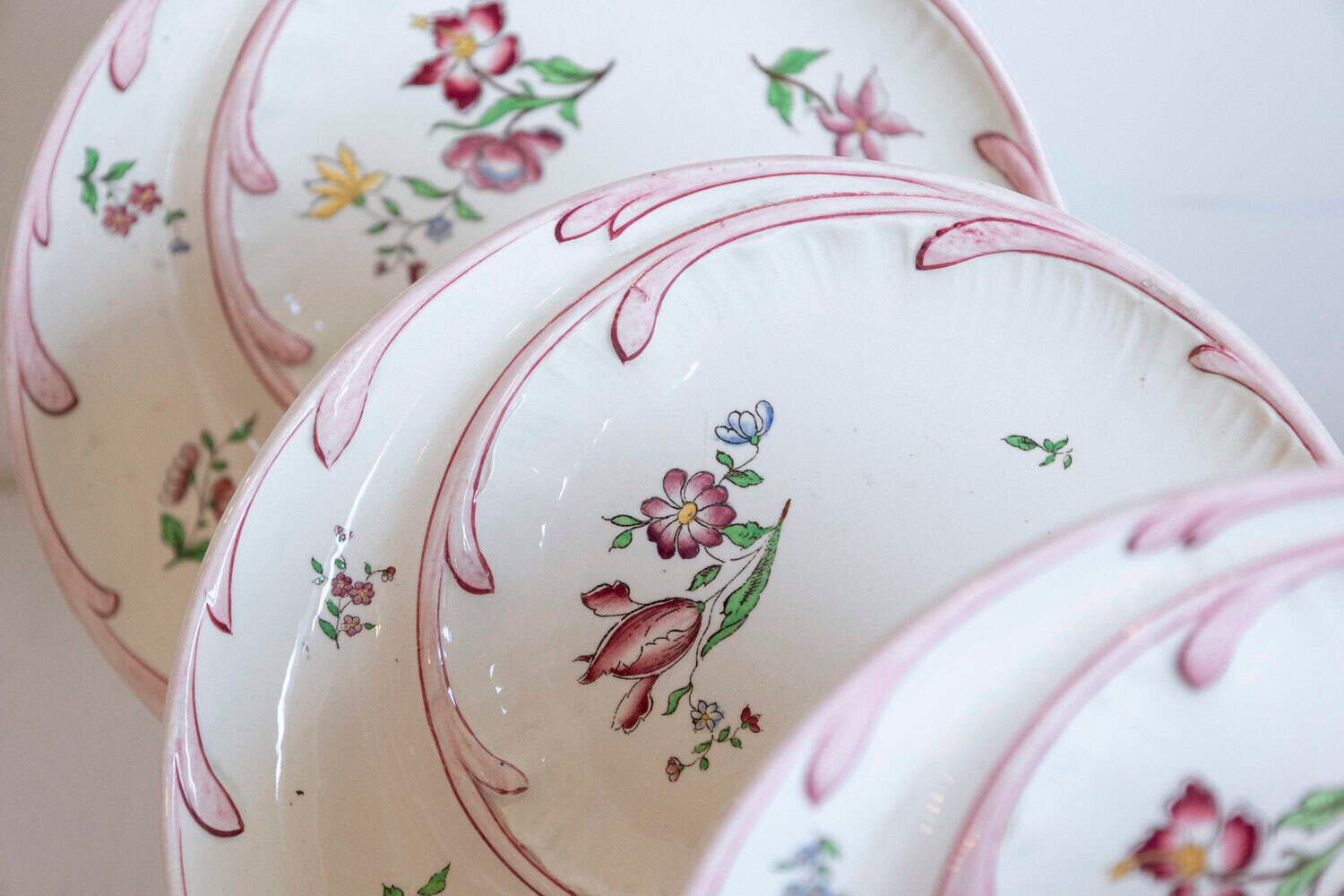 French 19th Century Sarreguemines Majolica Asparagus Plates with Pink Flowers - JAA