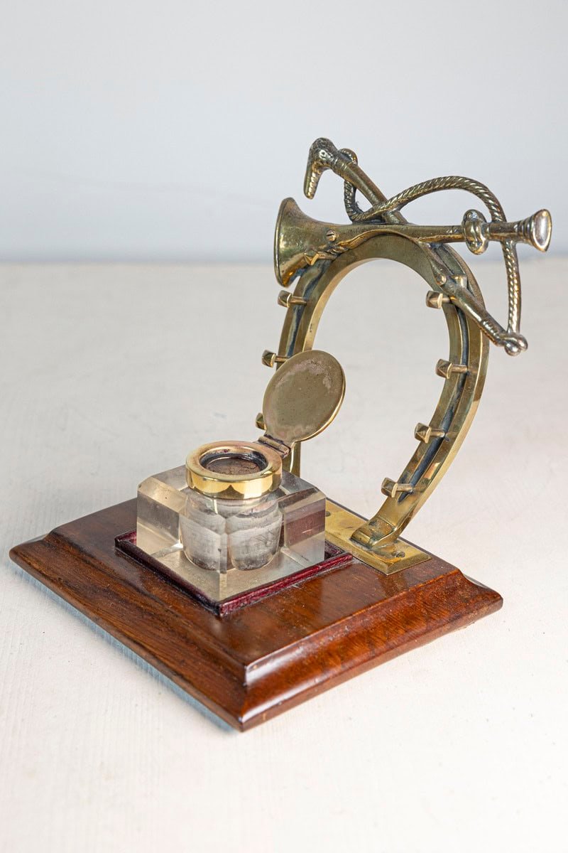 English Edwardian Period 1900s Inkwell with Brass Equestrian Motifs and Base - JAA