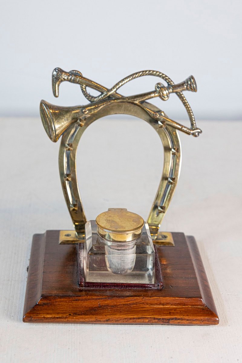English Edwardian Period 1900s Inkwell with Brass Equestrian Motifs and Base - JAA