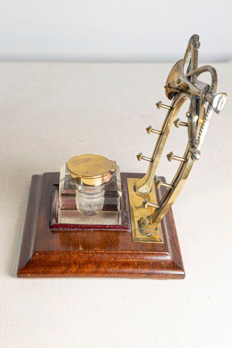 English Edwardian Period 1900s Inkwell with Brass Equestrian Motifs and Base - JAA