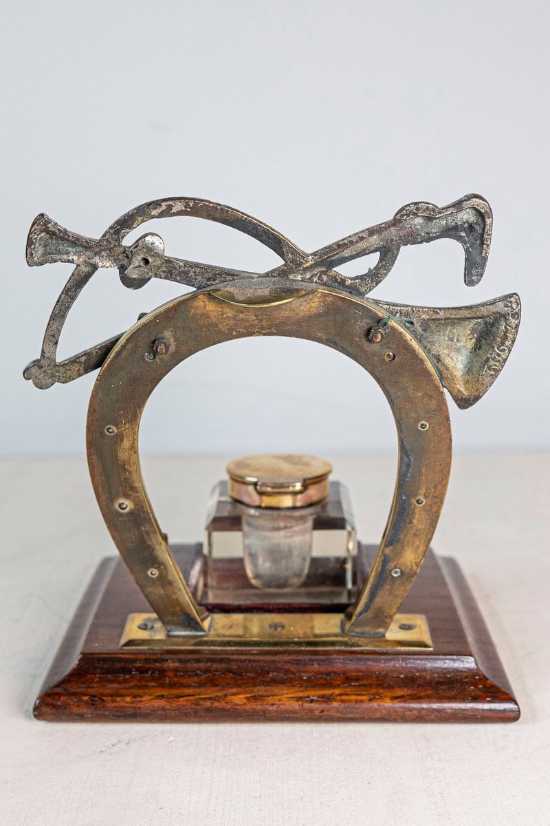English Edwardian Period 1900s Inkwell with Brass Equestrian Motifs and Base - JAA