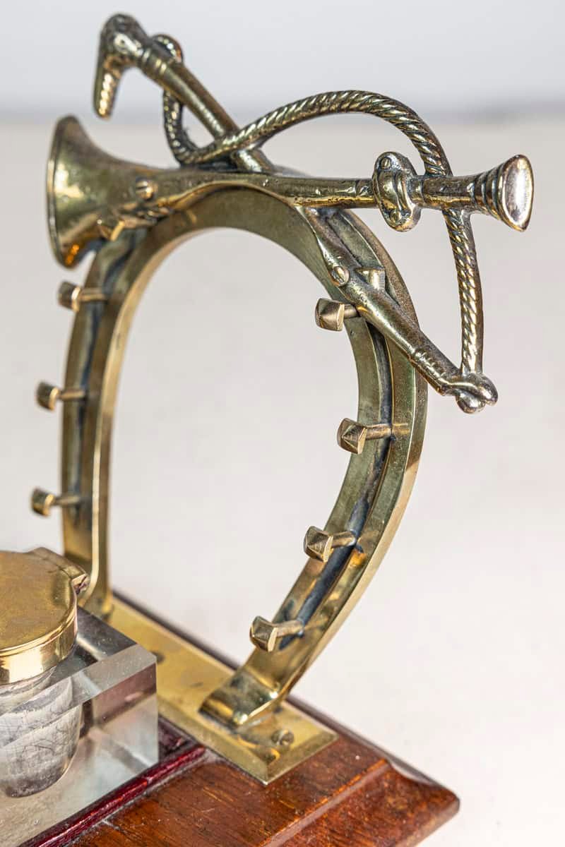 English Edwardian Period 1900s Inkwell with Brass Equestrian Motifs and Base - JAA