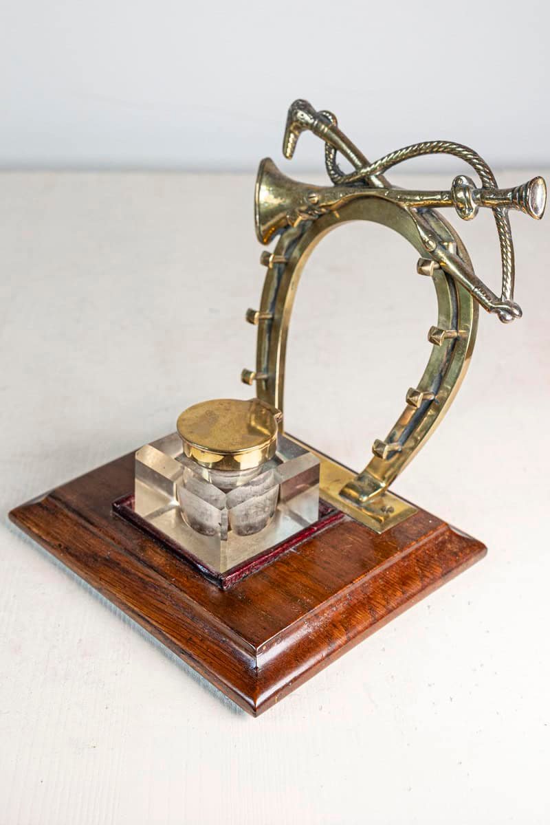 English Edwardian Period 1900s Inkwell with Brass Equestrian Motifs and Base - JAA