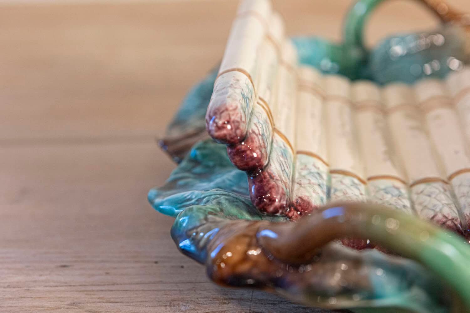 French 19th Century Longchamp Majolica Asparagus Server with Foliage Platter - JAA